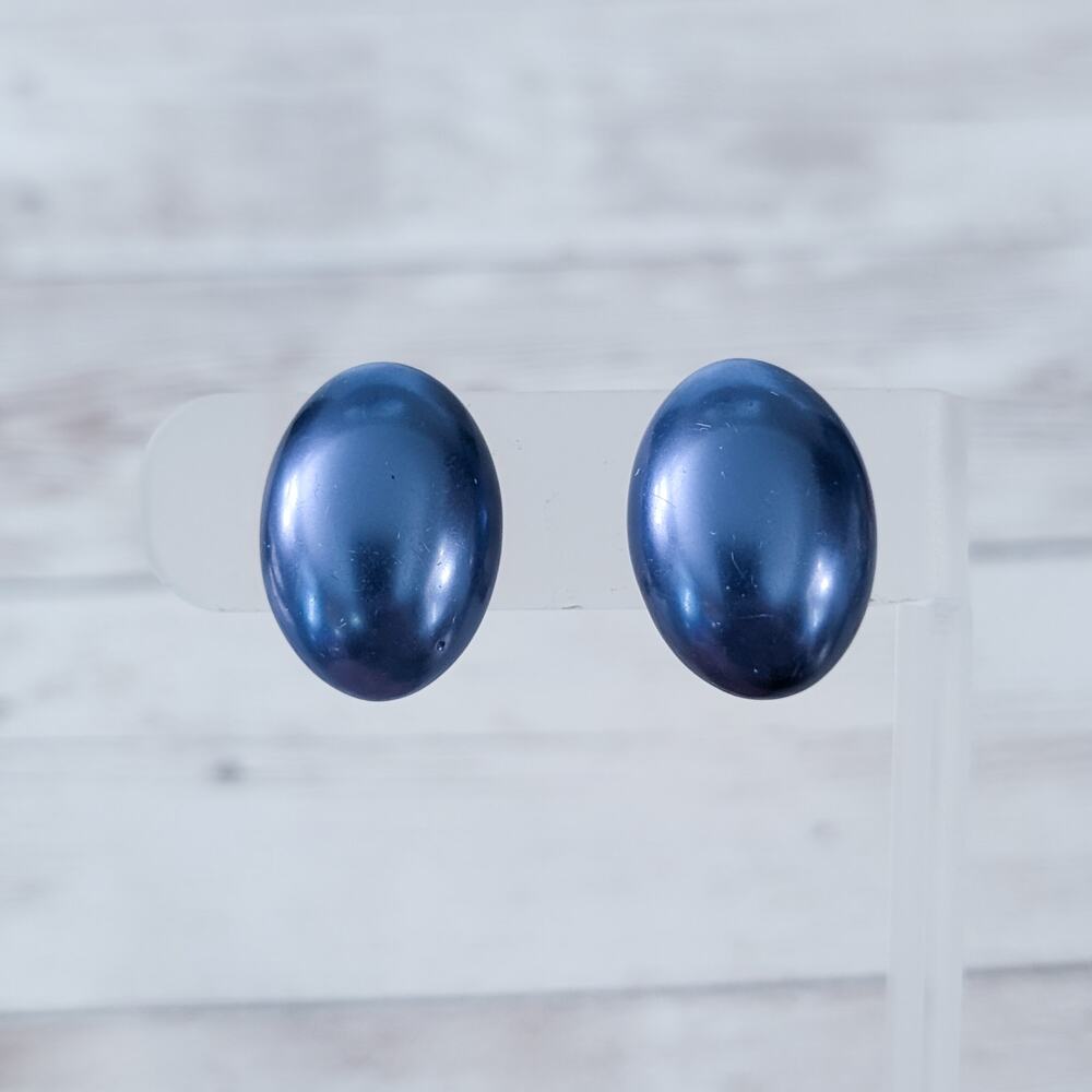 Vintage Clip On Earrings Metallic Blue Oval - A Bit Under 1"